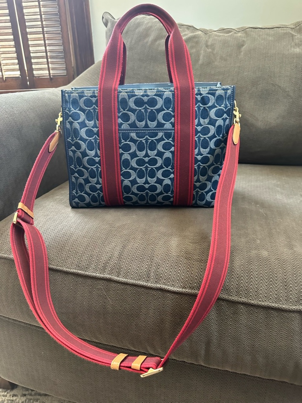 Coach Navy Tote with Tan Leather Patch